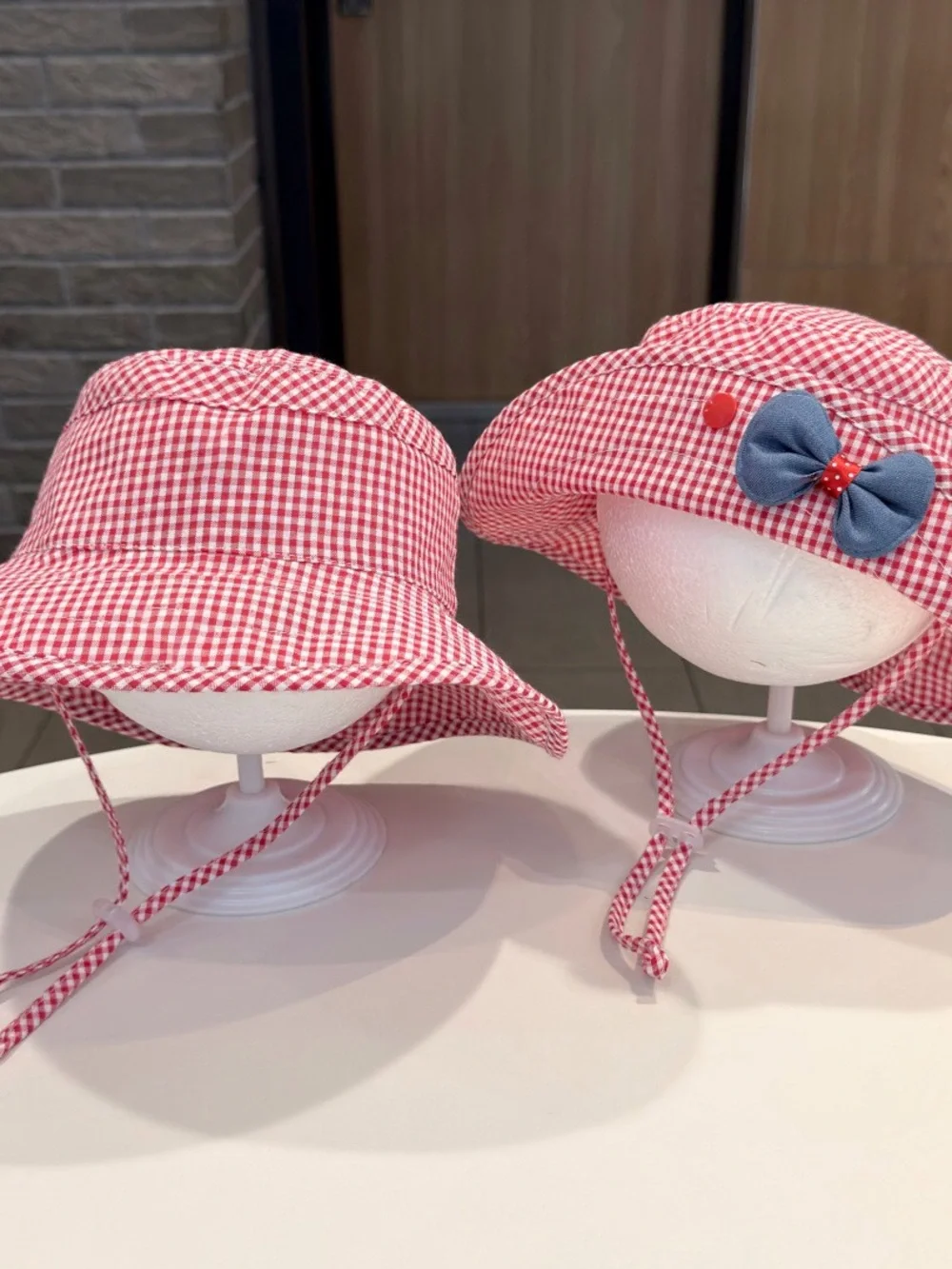 Red Gingham Sun Hat with Blue Bow